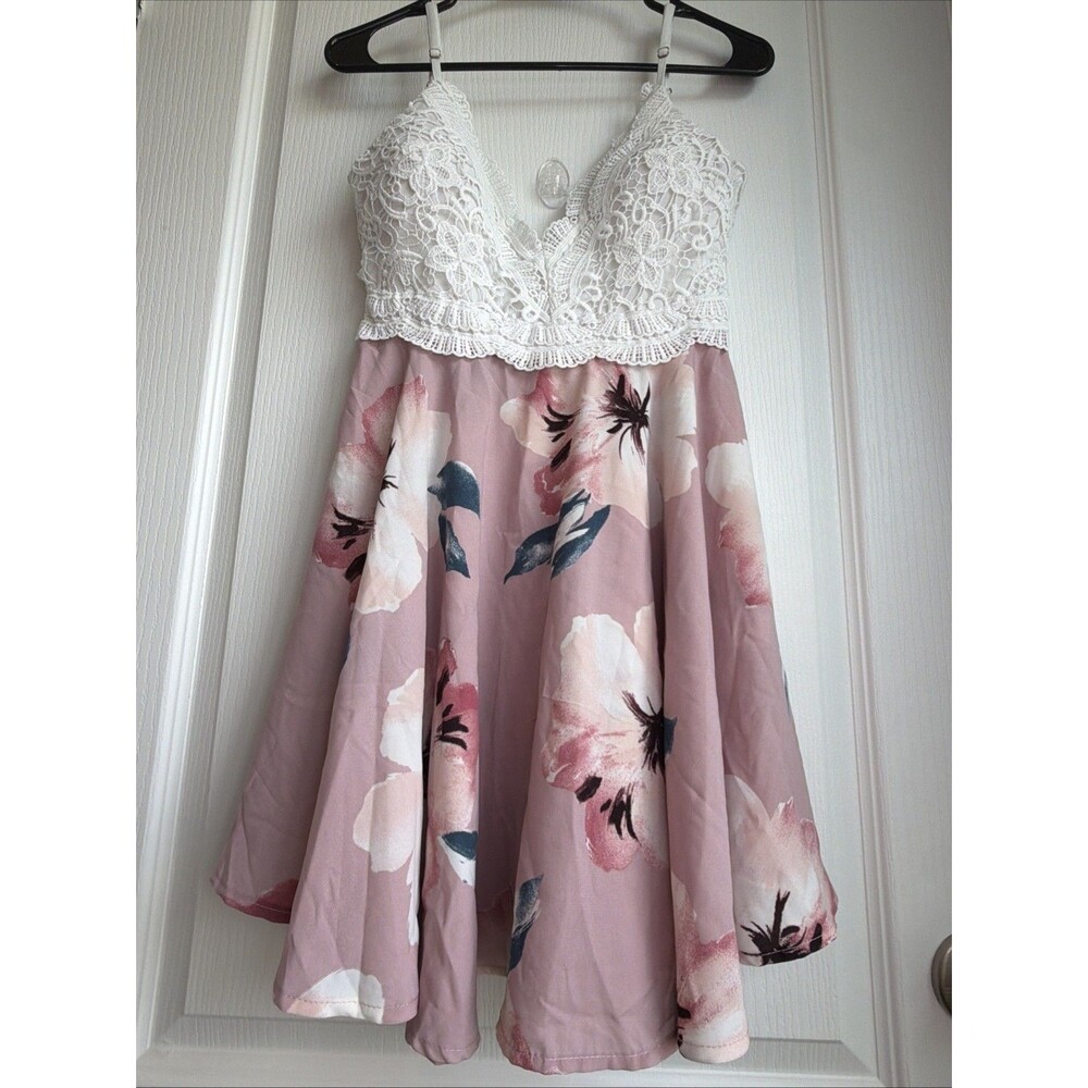 Womens V-Neck Sleeveless Crochet Top Pink Floral Skirt Mini Dress Sz S
